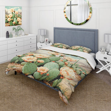 Coral Green Cactus Desert Blooms Pointillism IV - Duvet Cover Set